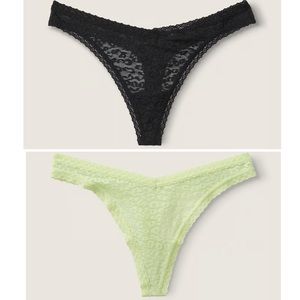 Victoria’s Secret PINK Wear Everywhere Lace Thong / Black & Icy Lime, Size XL